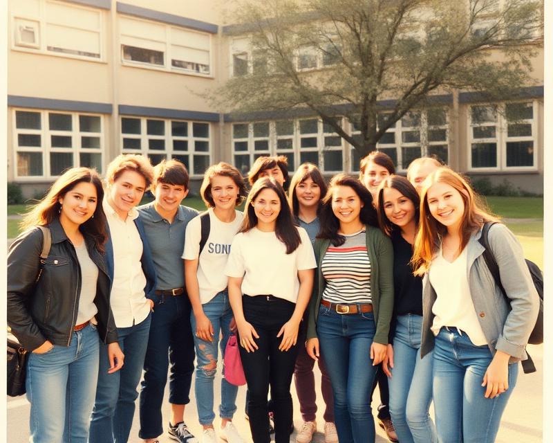 Photo de groupe d'anciens lycéens réunis dans une cour d'école